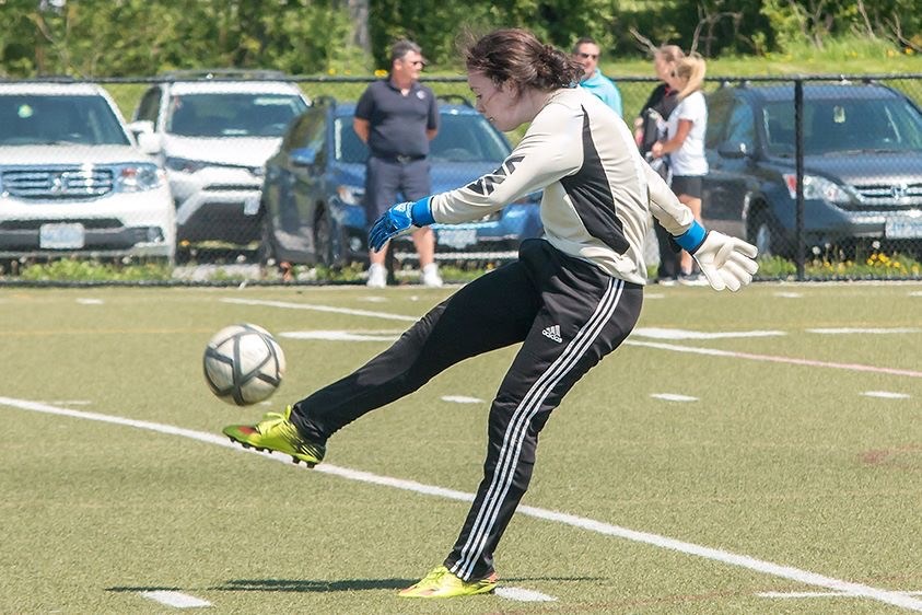 Girl kicking soccer ball